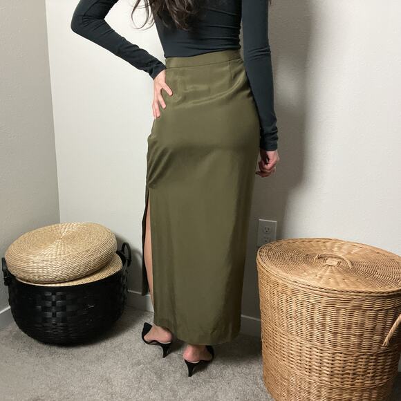 90s vintage olive green silk minimalist high waisted slit maxi pencil skirt - Picture 4 of 6